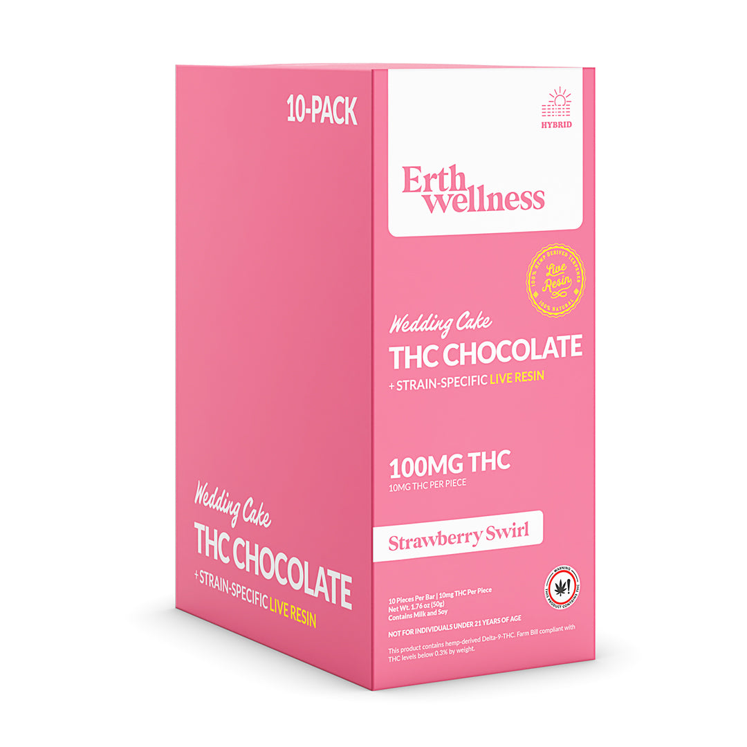 Δ9 THC Chocolate Bar – Wedding Cake (Hybrid) | Live Resin | Strawberry Swirl (100mg)