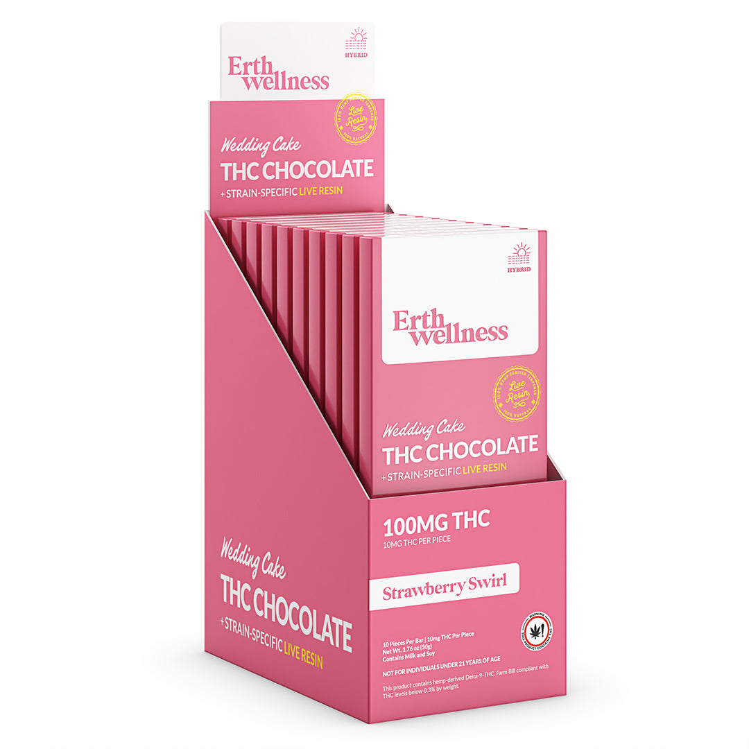 Δ9 THC Chocolate Bar – Wedding Cake (Hybrid) | Live Resin | Strawberry Swirl (100mg)