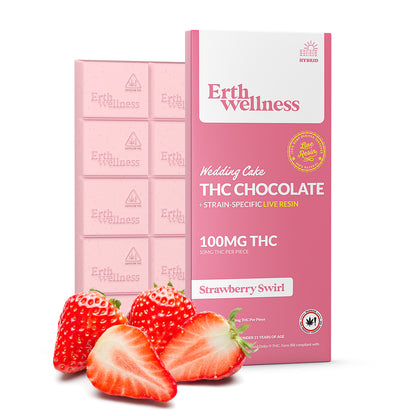 Δ9 THC Chocolate Bar – Wedding Cake (Hybrid) | Live Resin | Strawberry Swirl (100mg)